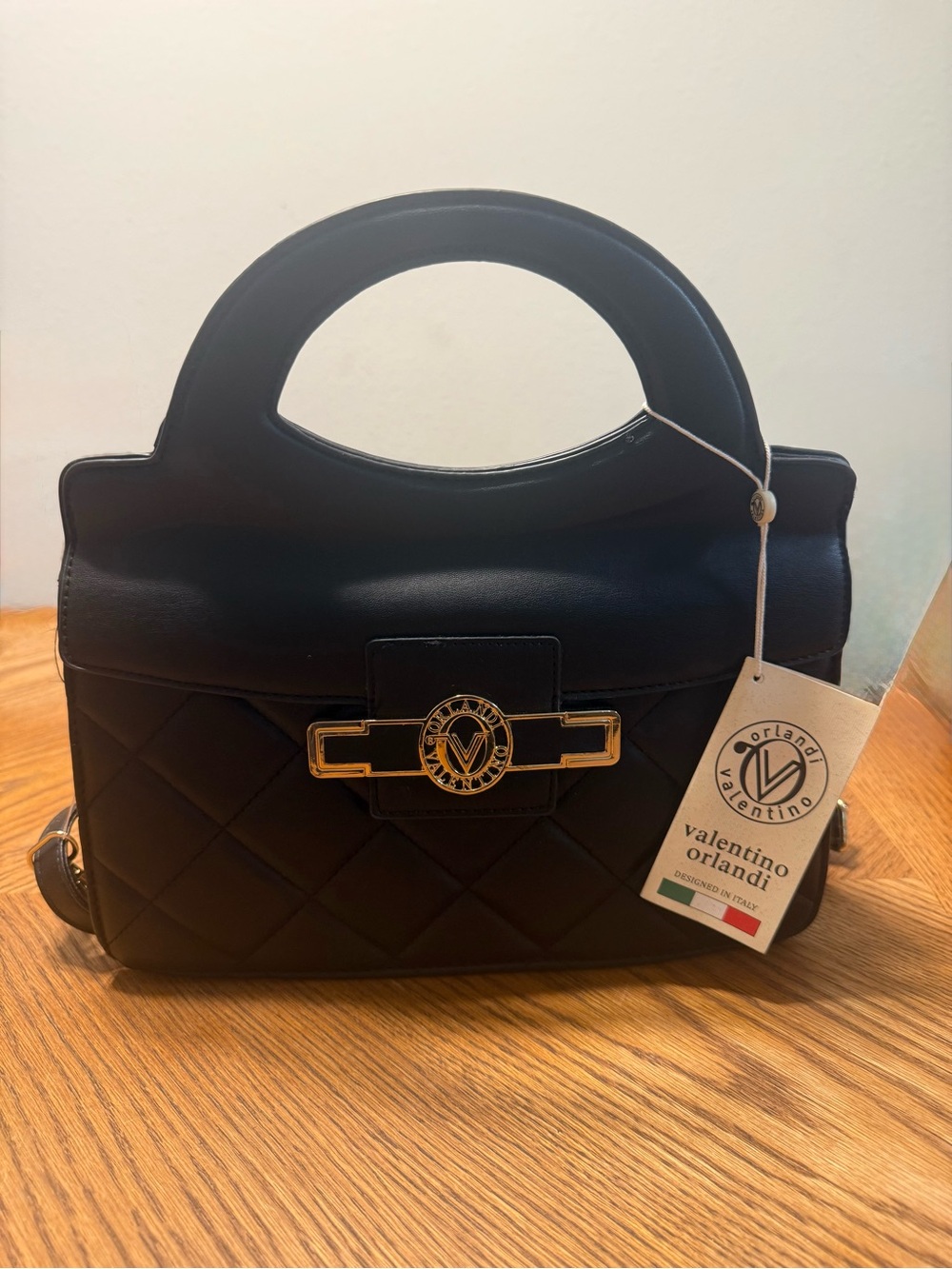 Valentino Orlandi Black Quilted Satchel Handbag Gold Hardware Made in Italy